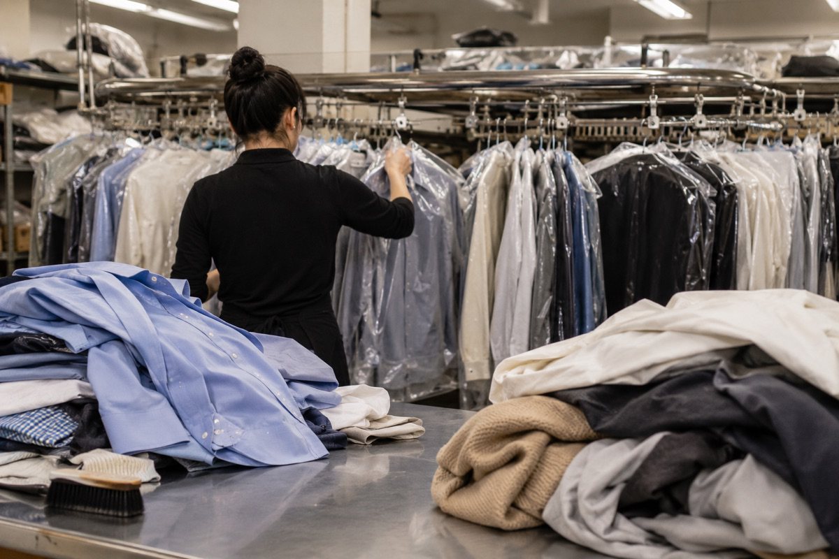 Garments in plastic covers at a dry cleaner