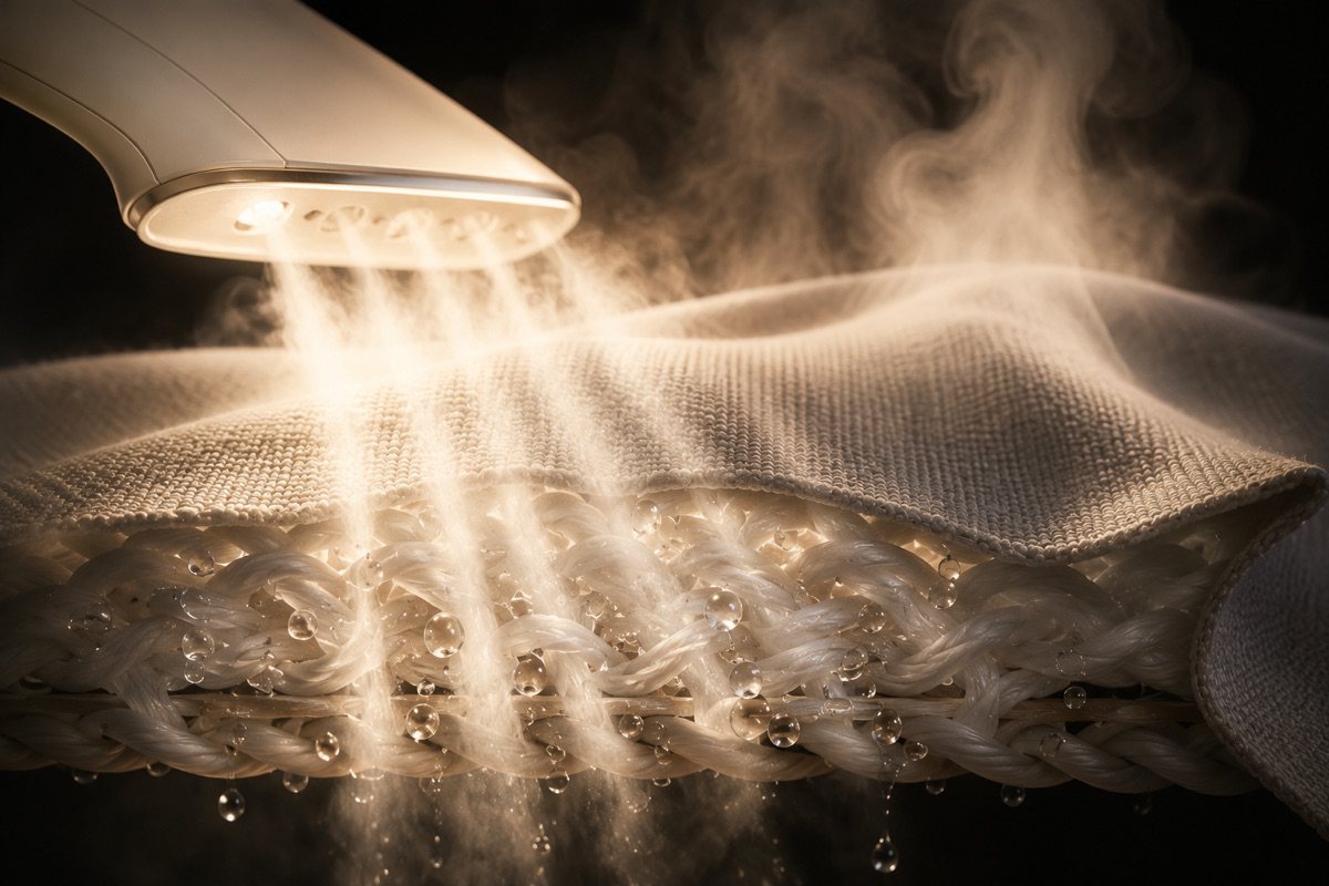 A garment steamer pushing steam through fabric